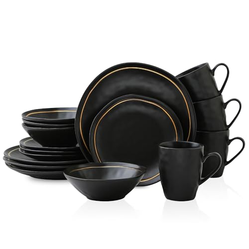 Stone Lain Clara Dinnerware Set Porcelain, Black, Service For 4, 16-Piece