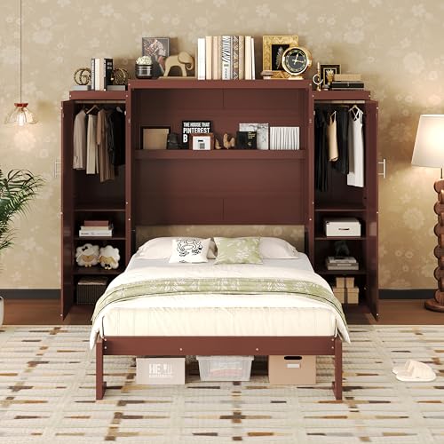 Polib Full Size Murphy Bed with Two Wardrobes and Storage Shelf, White S302797