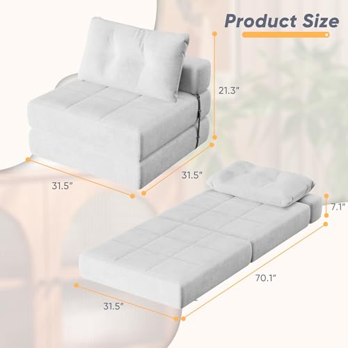 Homall Folding Sofa Bed with Headrest & Lumbar Pillow, Chenille Fabric, White M9437