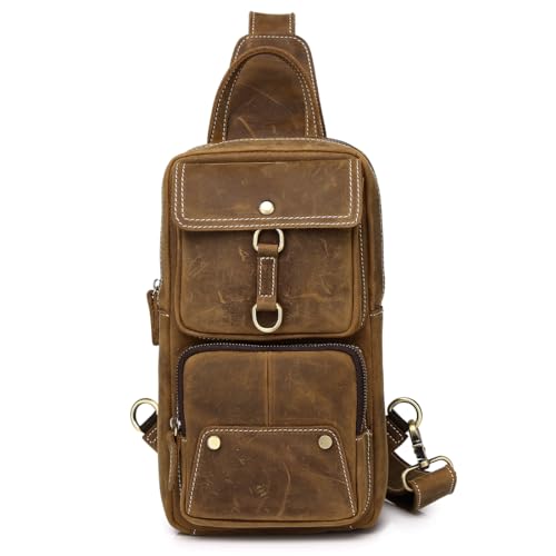 KPYWZER Genuine Leather Sling Backpack for Men Women Crossbody Shoulder Chest Bag Day Pack Outdoor Travel Camping Tactical Daypack Brown