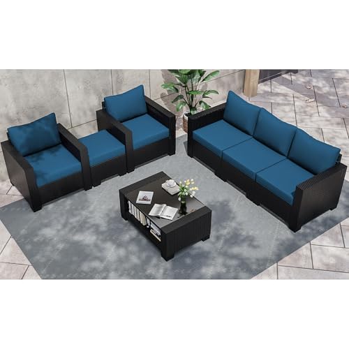 KIGOTY Patio Furniture Set 7 Pieces Outdoor Sectional Sofa with Cushions and Glass Coffee Table B60021