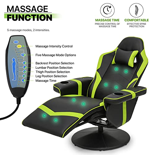 Magshion Massage Gaming Recliner Chair, 360° Swivel PU Leather, Green L9553