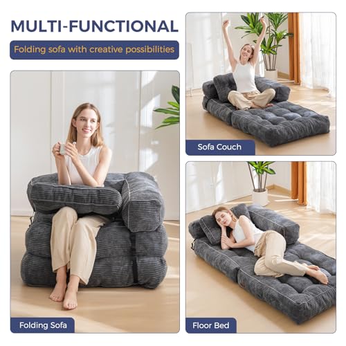 MAXYOYO Folding Sofa Bed L-Shaped Convertible Sleeper Couch with Pillow, Dark Grey X9070
