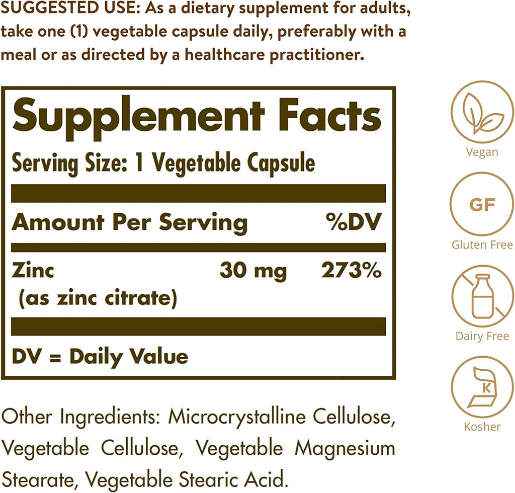 Solgar Zinc Citrate 30 mg, 100 Vegetable Capsules M283