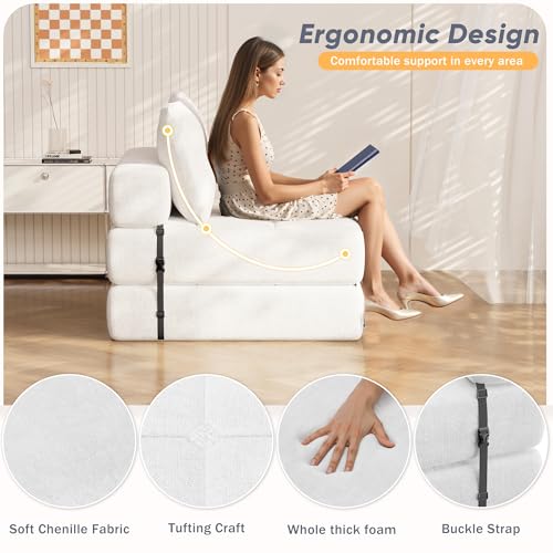 Homall Folding Sofa Bed with Headrest & Lumbar Pillow, Chenille Fabric, White M9437