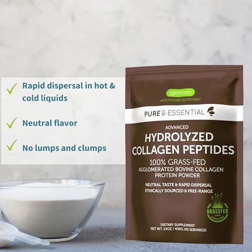 Pure & Essential Grass Fed Hydrolyzed Bovine Collagen Peptides, Types 1, 2 & 3, 40 Servings T2812