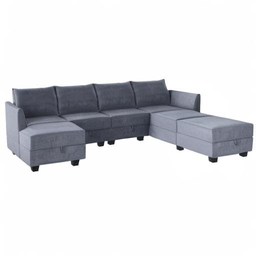 HONBAY Modular Sectional Sofa U Shaped Couch with Storage, Bluish Grey O55291