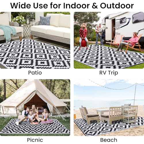 Smiry Waterproof Outdoor Rug 5x8 ft, Reversible Plastic Straw Patio Mat, Black & Beige P20186