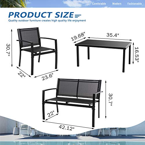Vongrasig 4 Piece Patio Conversation Set with Glass Coffee Table, Black E428
