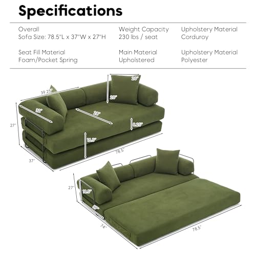 Corduroy Convertible Sleeper Sofa Bed with Pillow, Beige S401207