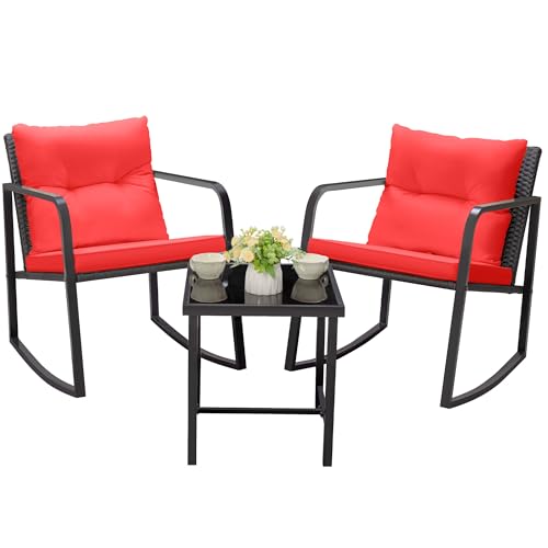 Greesum 3-Piece Rocking Wicker Bistro Set with Glass Coffee Table, Beige T6480