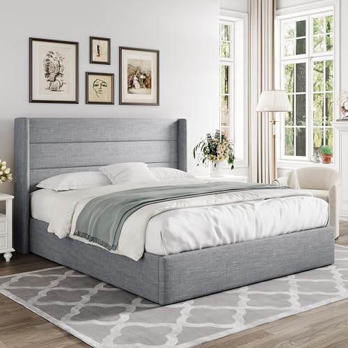 Allewie Full Size Lift Up Storage Bed with Wingback Headboard, Light Beige C85153