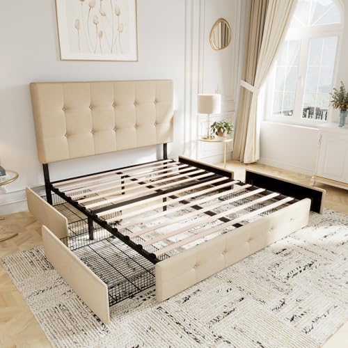 Allewie Upholstered Queen Platform Bed Frame with 4 Drawers and Headboard, Light Grey A922