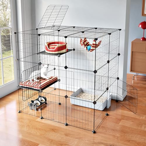 3-Tier Cat Cages Indoor Enclosure DIY Cat Playpen Catio Detachable Metal Wire Kennels Cats Crate Large Extra Exercise Place Ideal for 1 Cat,35.4 Inches