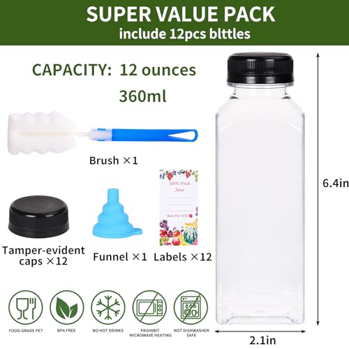 SUPERLELE 12oz Empty Plastic Juice Bottles with Black Tamper Evident Caps, 36 Pack F678