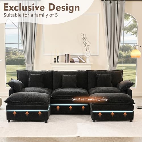 U Shaped Modular Sectional Sofa with Ottoman, Chenille, Black P2121