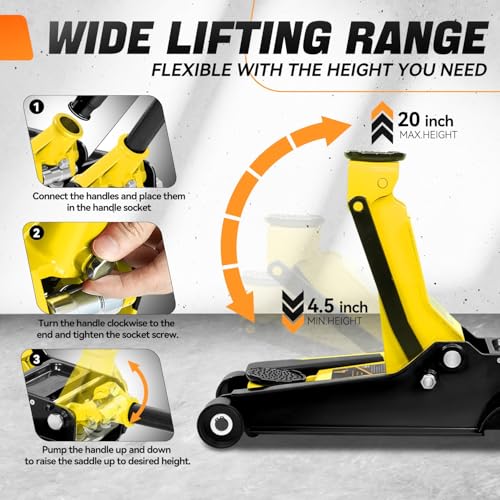 Auto Dynasty 4 Ton Low Profile Floor Jack, Heavy Duty Steel Hydraulic, Yellow B7990