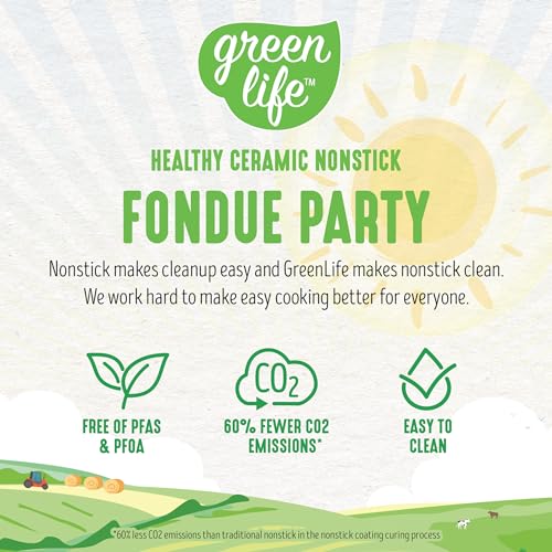 GreenLife 14 Cup Electric Fondue Maker Pot Set with 8 Forks, Ceramic Nonstick, Adjustable Temperature, Red M8272