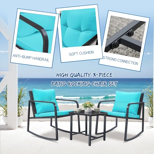 Greesum 3-Piece Rocking Wicker Bistro Set with Glass Coffee Table, Beige T6480