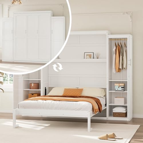 Polib Full Size Murphy Bed with Two Wardrobes and Storage Shelf, White S302797