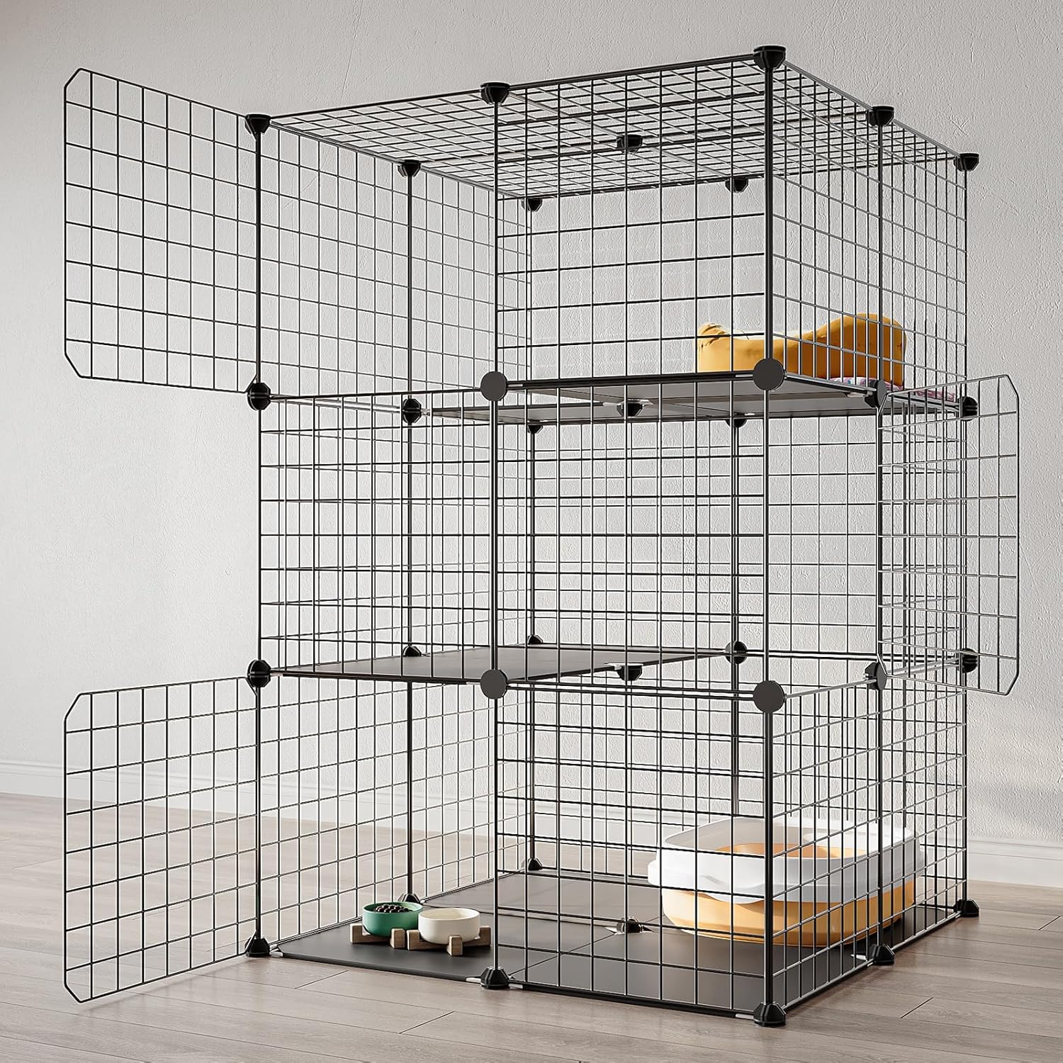 3-Tier Cat Cage Indoor Enclosure DIY Catio Detachable Metal Wire Kennel Black S82365