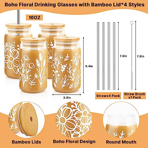 Glass Cups with Bamboo Lids and Straws, 4 Pack 16oz, Wild Flower Design K439