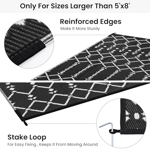Smiry Waterproof Outdoor Rug 5x8 ft, Reversible Plastic Straw Patio Mat, Black & Beige P20186
