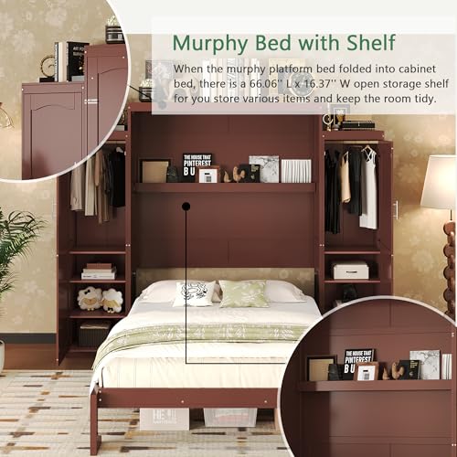 Polib Full Size Murphy Bed with Two Wardrobes and Storage Shelf, White S302797