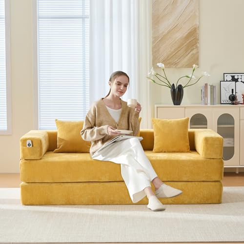 Corduroy Convertible Sleeper Sofa Bed with Pillow, Beige S401207