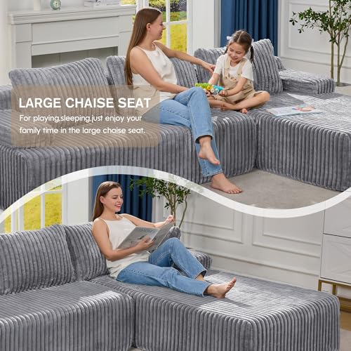 Modular Sectional Sofa L-Shape Couch with Oversized Chaise, Grey Stripe I49459