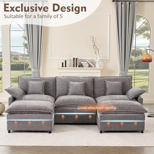 U Shaped Modular Sectional Sofa with Ottoman, Chenille, Black P2121