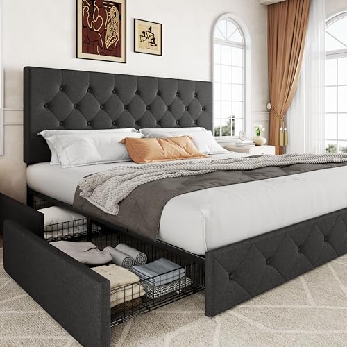 Allewie Upholstered Queen Platform Bed Frame with 4 Drawers and Headboard, Light Grey A922