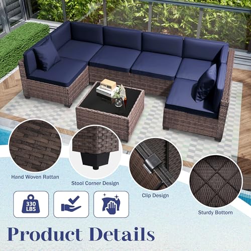 KIGOTY Patio Furniture Set 7 Pieces Outdoor Sectional Sofa with Cushions and Glass Coffee Table B60021