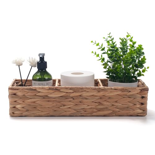 Water Hyacinth Toilet Tank Basket with 3 Dividers for Bathroom Storage Q556