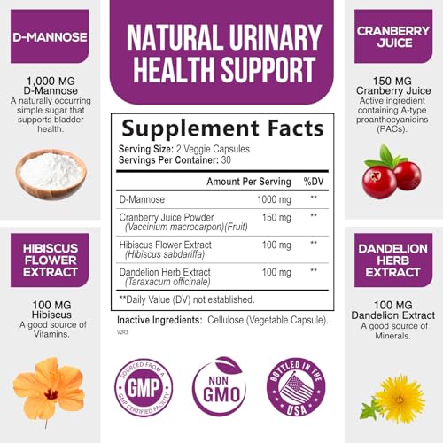 D-Mannose & Cranberry Extract 1350mg, Urinary Tract Health Support, Non-GMO, Vegan - 120 Capsules D9170