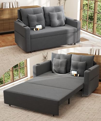 3 in 1 Pull Out Couch Convertible Sleeper Sofa Bed with Cup Holders, Grey U432