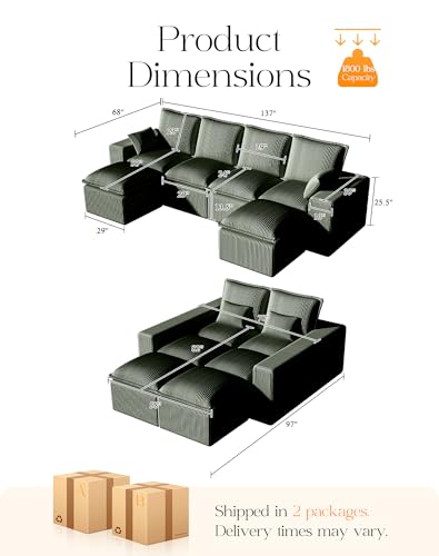 Comfy Cloud Couch with L-Shape Chaise, Modular Sectional Sofa in a Box, Soft Corduroy, Black U67688