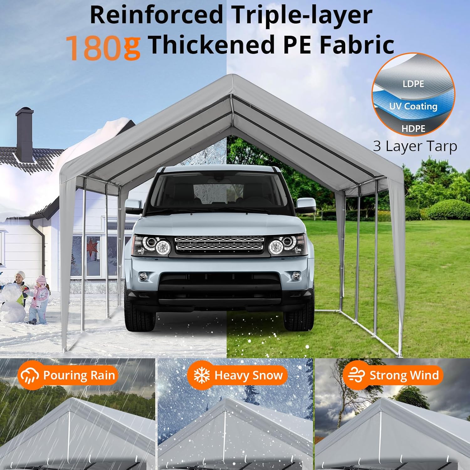 Carport 10×20 FT Portable Garage, Heavy Duty Steel Frame with Roll-up Doors, Grey W27744