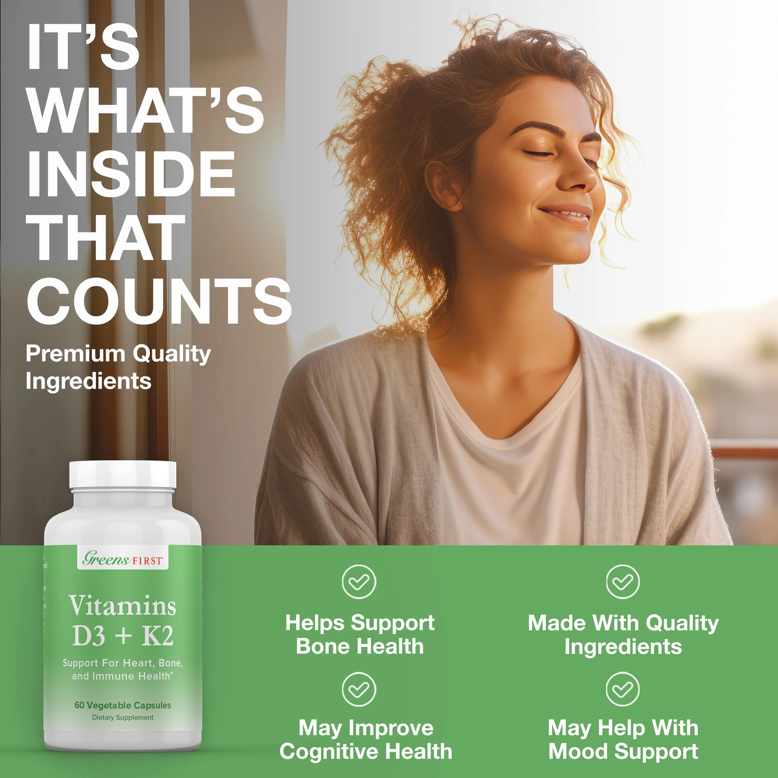 Greens First Vitamins D3+K2, 60 Vegetable Capsules T7752