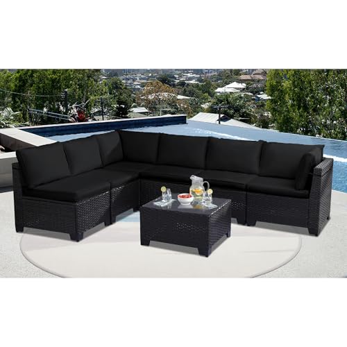 KIGOTY Patio Furniture Set 7 Pieces Outdoor Sectional Sofa with Cushions and Glass Coffee Table B60021