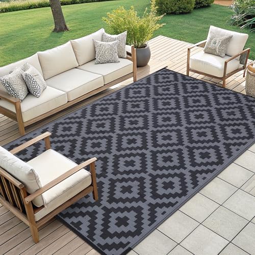 Smiry Waterproof Outdoor Rug 5x8 ft, Reversible Plastic Straw Patio Mat, Black & Beige P20186