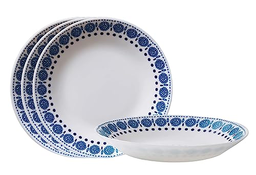 Corelle MilkGlass 4-Piece (23 Oz) 8.5" Pasta Bowl Plate Set, Higher Rimmed Glass Dinnerware For Pasta Salad Meal, Azure Medallion, 1 Count (Pack of 4)