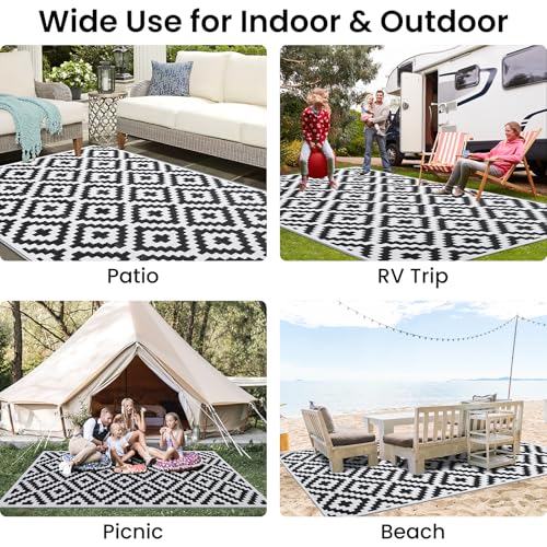 Smiry Waterproof Outdoor Rug 5x8 ft, Reversible Plastic Straw Patio Mat, Black & Beige P20186