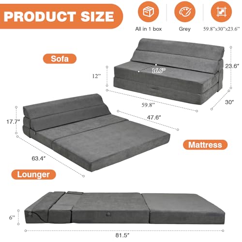 Comfy Folding Sofa Bed Grey Convertible Sleeper Chair Couch M171120