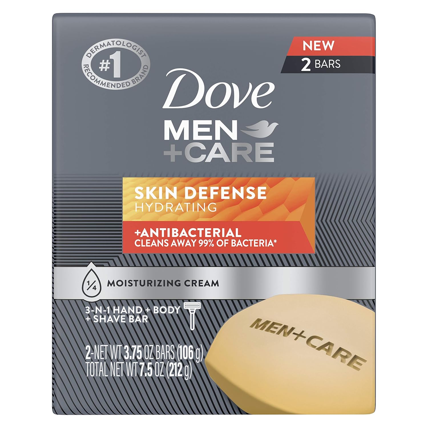 Dove Men+Care Soap Bar For Smooth and Hydrated Skin Care Skin Defense Effectively Washes Away Bacteria While Nourishing Your Skin 3.75 oz, Cream, 2 Count