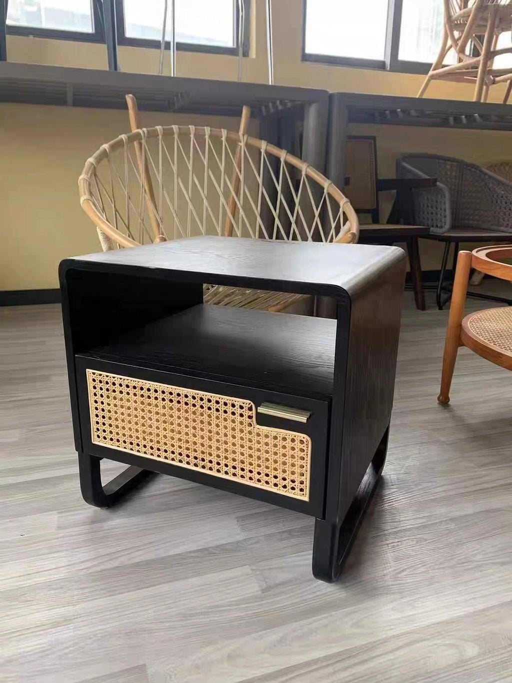 Minimalist Rattan Nightstand with Drawer, Black K345