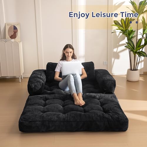 MAXYOYO Folding Sofa Bed L-Shaped Convertible Sleeper Couch with Pillow, Dark Grey X9070