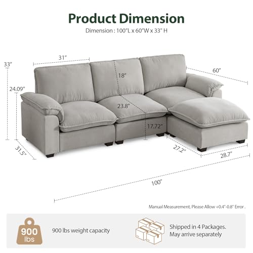 Cloud Couch Sectional L Shaped Modular Sofa Chenille Ivory Beige U4155