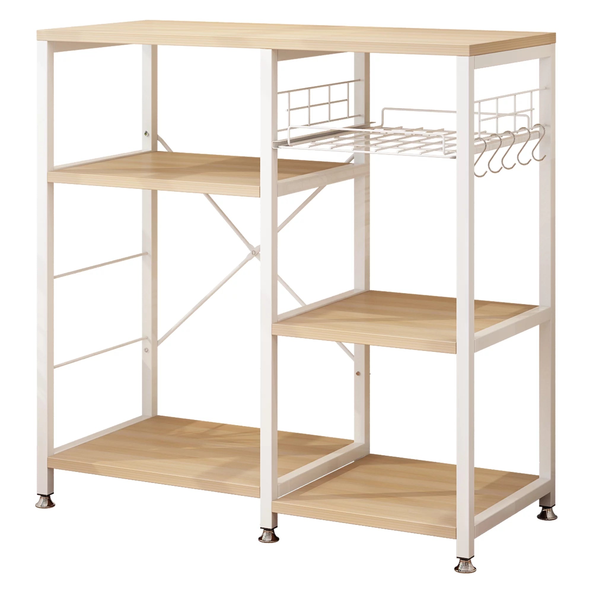 UBesGoo Bakers Rack with Basket, Wood Storage Shelf, White Oak Finish P842676