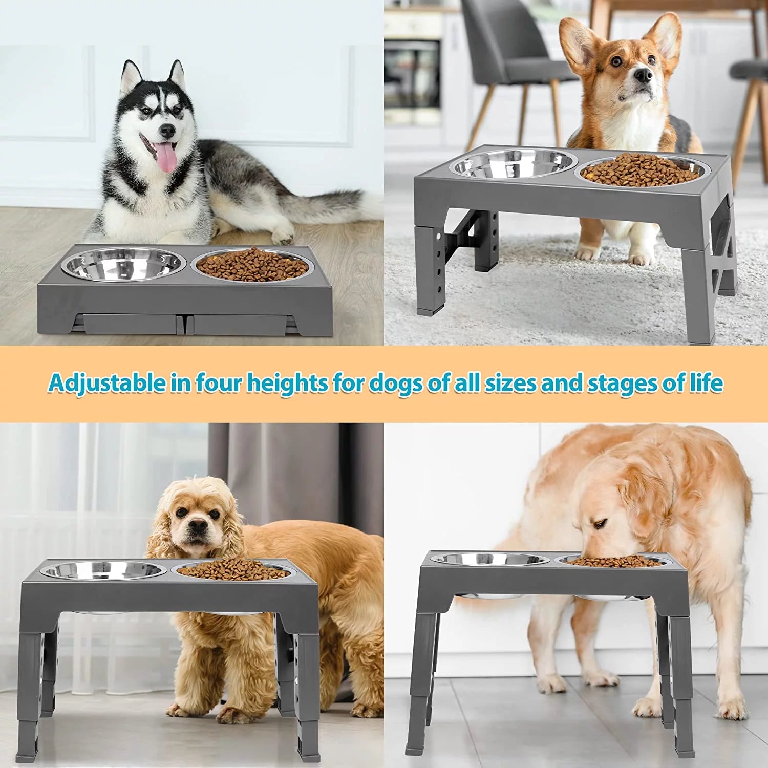 ZALALOVA Elevated Dog Bowls Stand with 2 Stainless Steel Dishes, Adjustable Height for Medium and Large Dogs G801